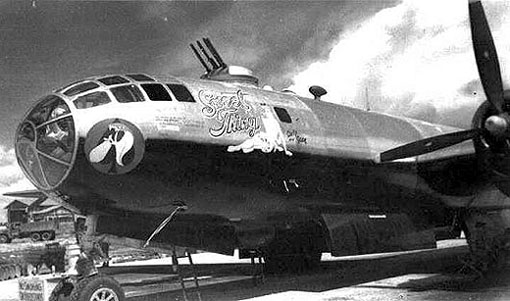 678th Bomb Squadron 44-70108 "Sweet Thing". Notice the black paint applied to the under surface of the aircraft. This was applied to reduce reflection of Japanese searchlights when flying low-level night incendiary missions.